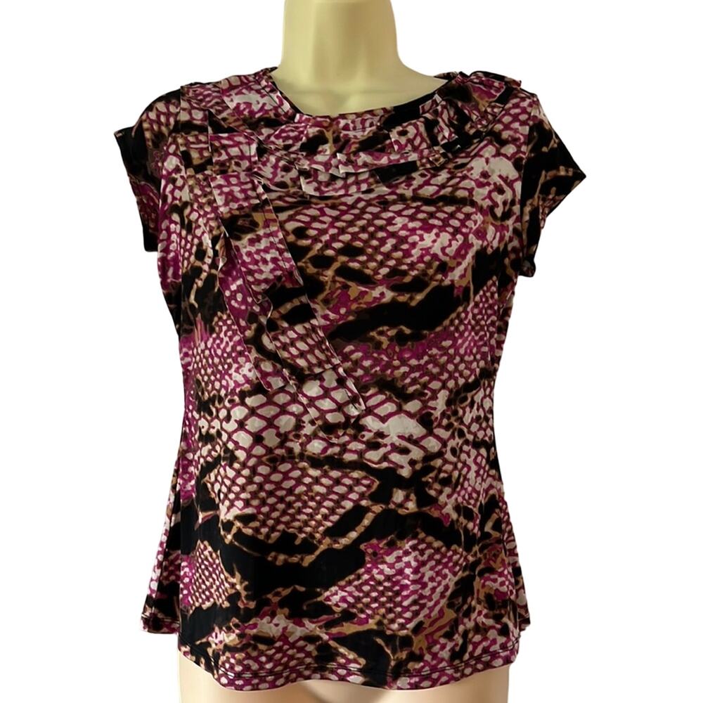 Worthington Petite Size Small Multicolor Print Slinky Knit Top Ruffles Office